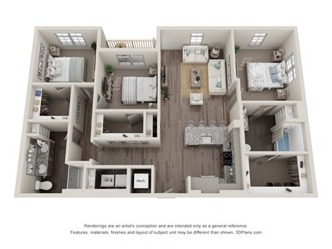 Floor plan for 3 beds, 2 baths, 1367 sqft